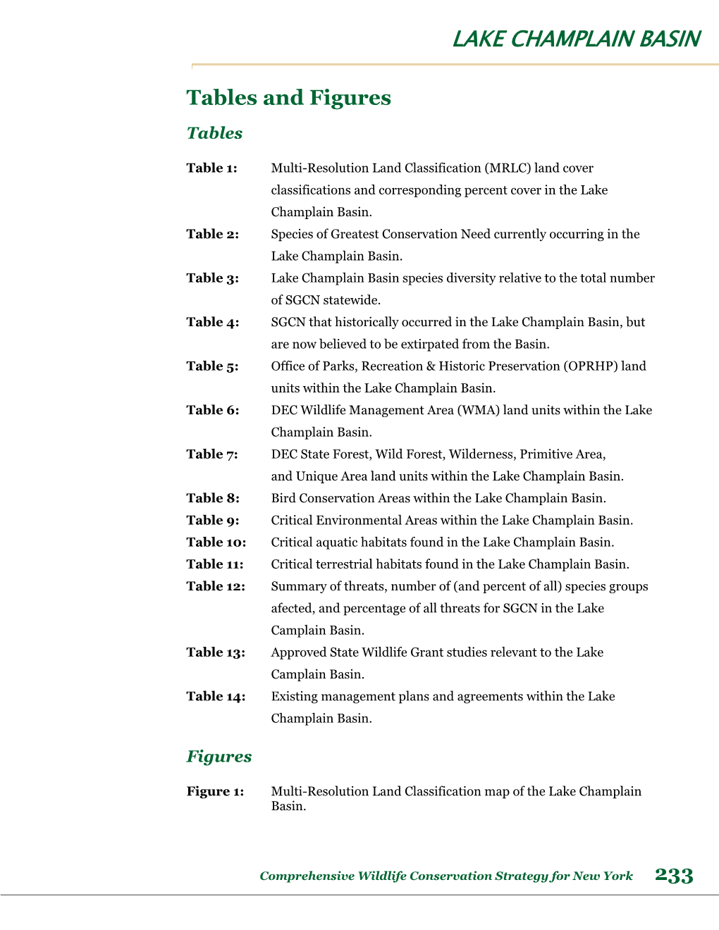 Lake Champlain Basin: Tables 1