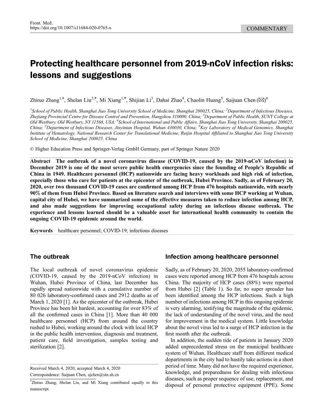 Protecting Healthcare Personnel from 2019-Ncov Infection Risks: Lessons and Suggestions