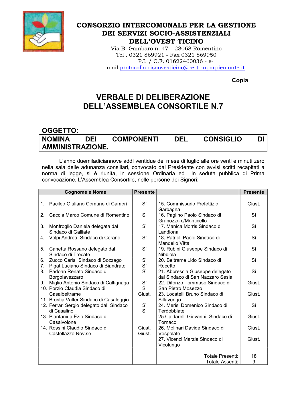 Deliberazione Dell'assemblea N. 7 Del 2019