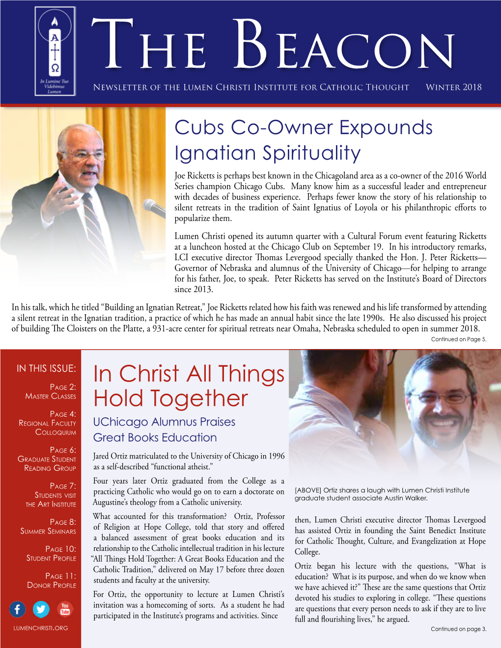 The Beacon Newsletter of the Lumen Christi Institute for Catholic Thought Winter 2018
