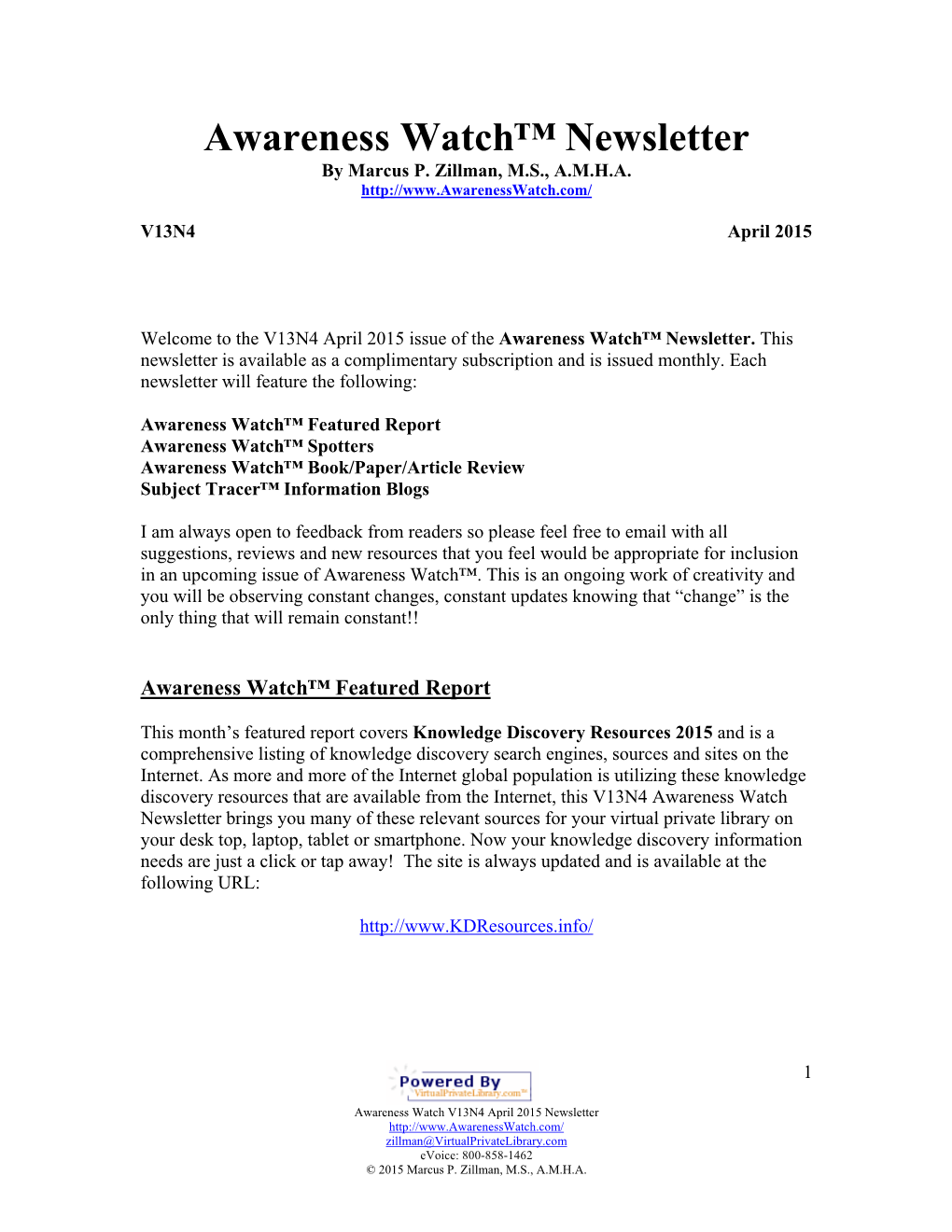 Awareness Watch™ Newsletter V13N4 April 2015