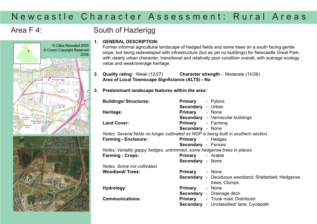 Newcastle Character Assessment: Rural Areas Area F 4: South of Hazlerigg