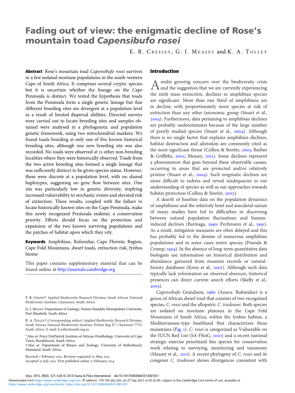 Fading out of View: the Enigmatic Decline of Rose's Mountain Toad Capensibufo Rosei