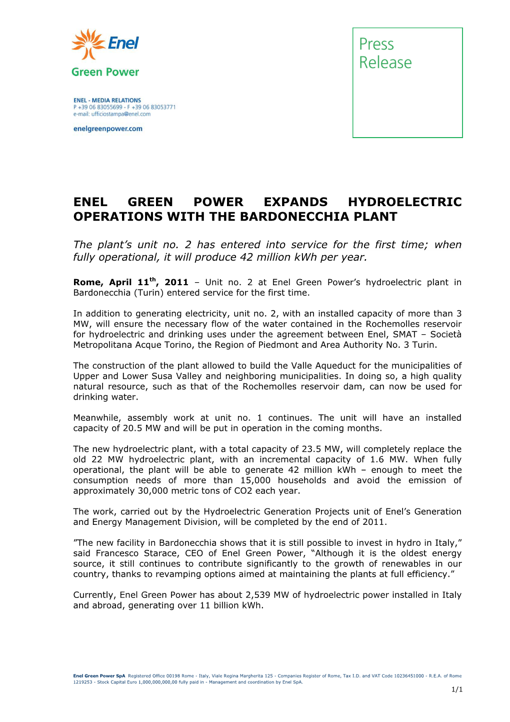 Enel Green Power Expands Hydroelectric Operations with the Bardonecchia Plant