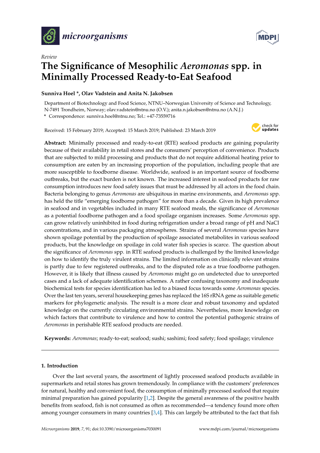 The Significance of Mesophilic Aeromonas Spp. in Minimally Processed Ready-To-Eat Seafood