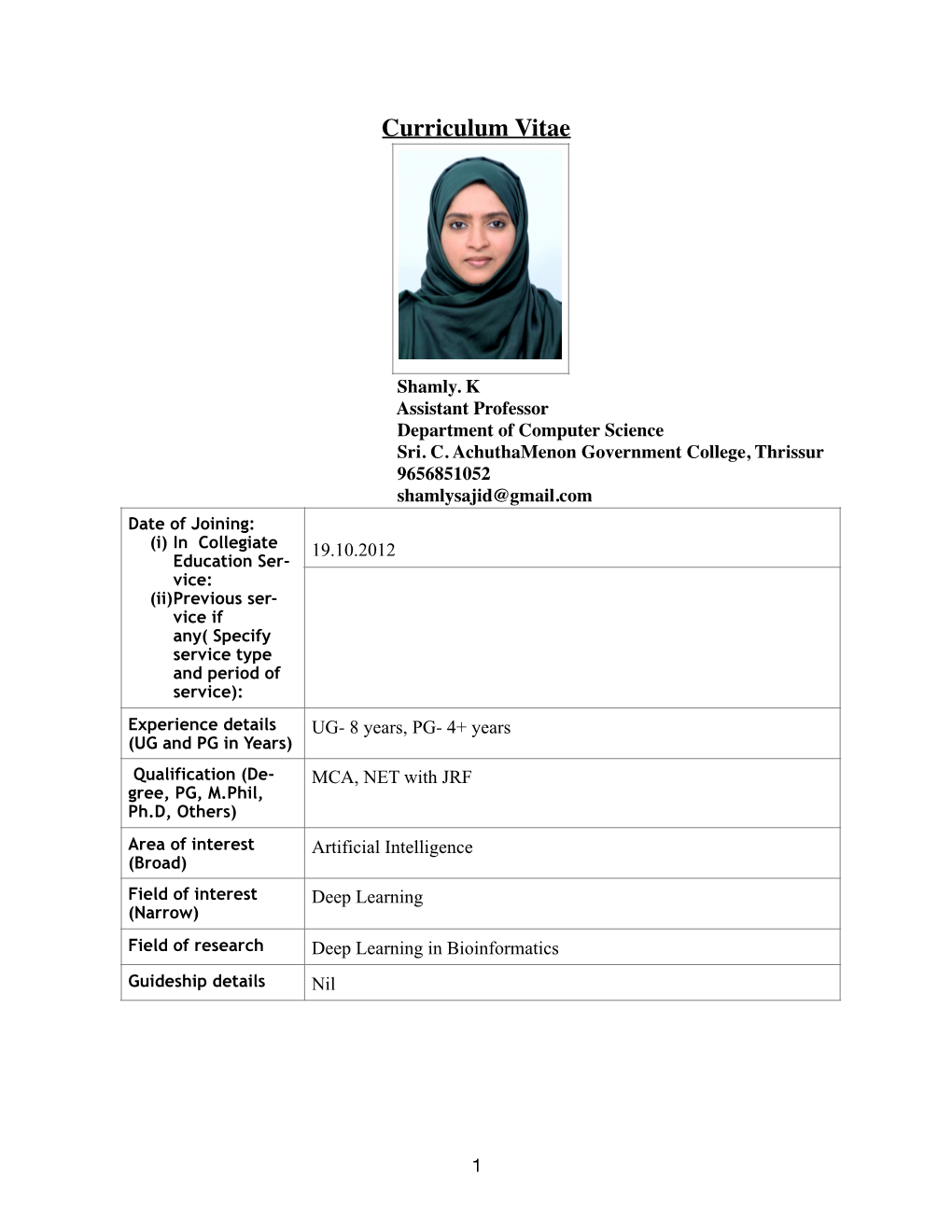 Curriculum Vitae SHAMLY K 28.08.2020