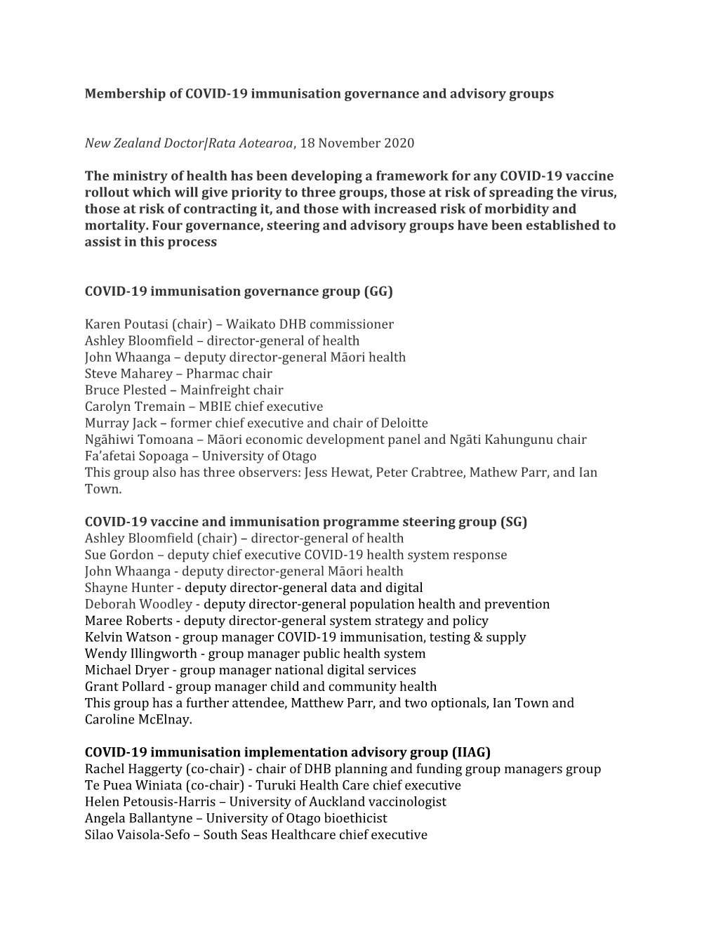 Membership of COVID-19 Immunisation Governance and Advisory Groups