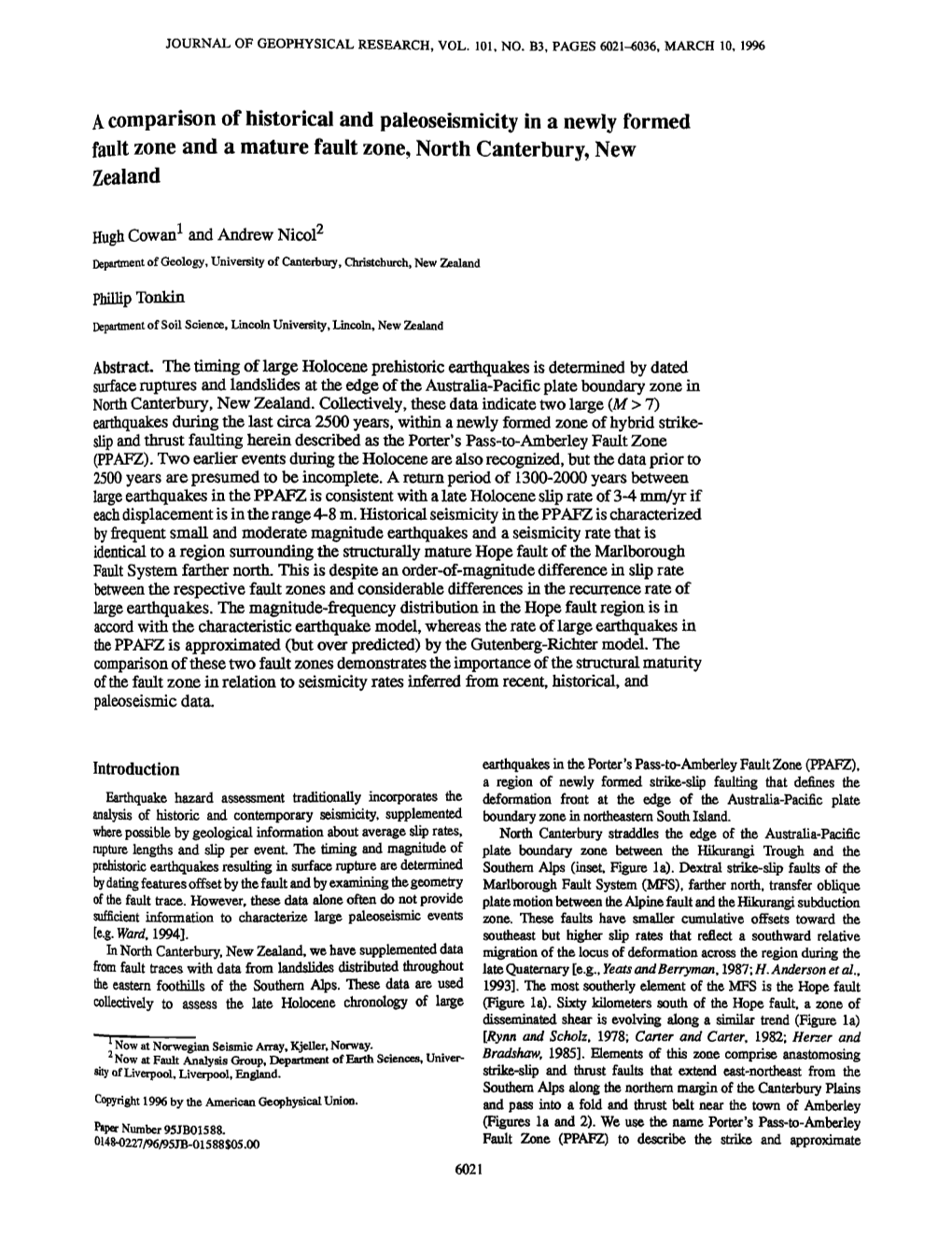 A Comparison of Historical and Paleoseismicity in a Newly Formed Fault Zone and a Mature Fault Zone, North Canterbury, New Zeala