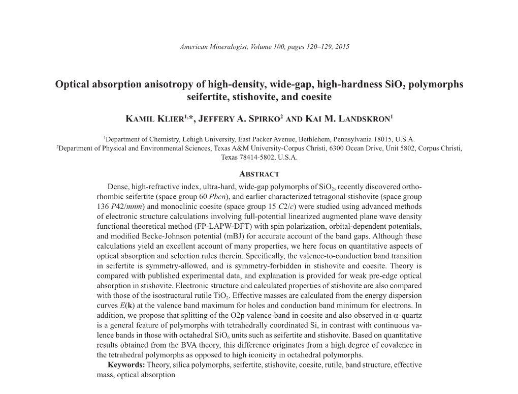 Optical Absorption Anisotropy of High-Density, Wide-Gap, High-Hardness Sio2 Polymorphs Seifertite, Stishovite, and Coesite