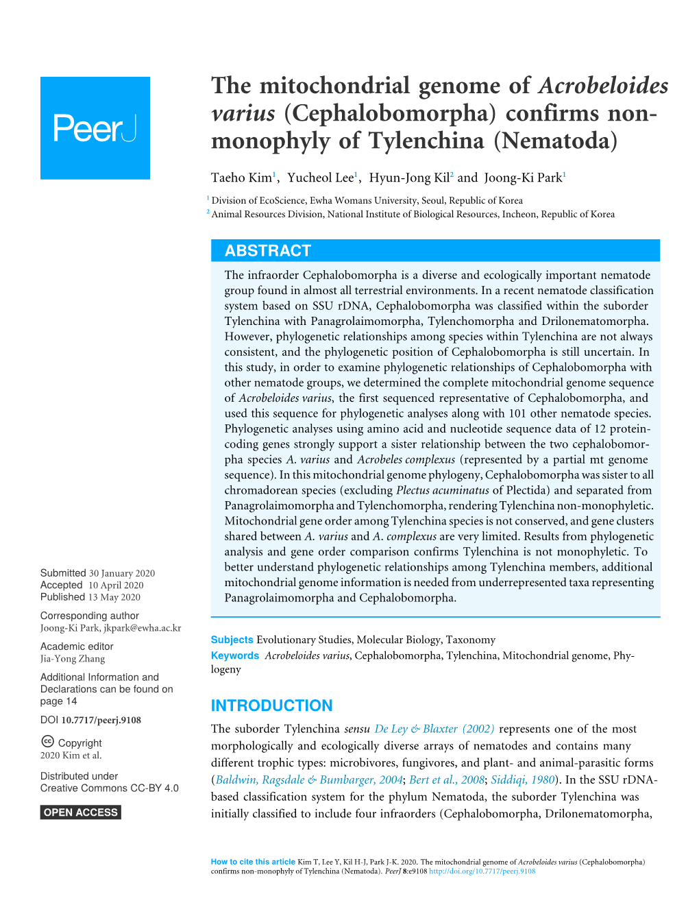 The Mitochondrial Genome of Acrobeloides Varius (Cephalobomorpha) Confirms Non- Monophyly of Tylenchina (Nematoda)