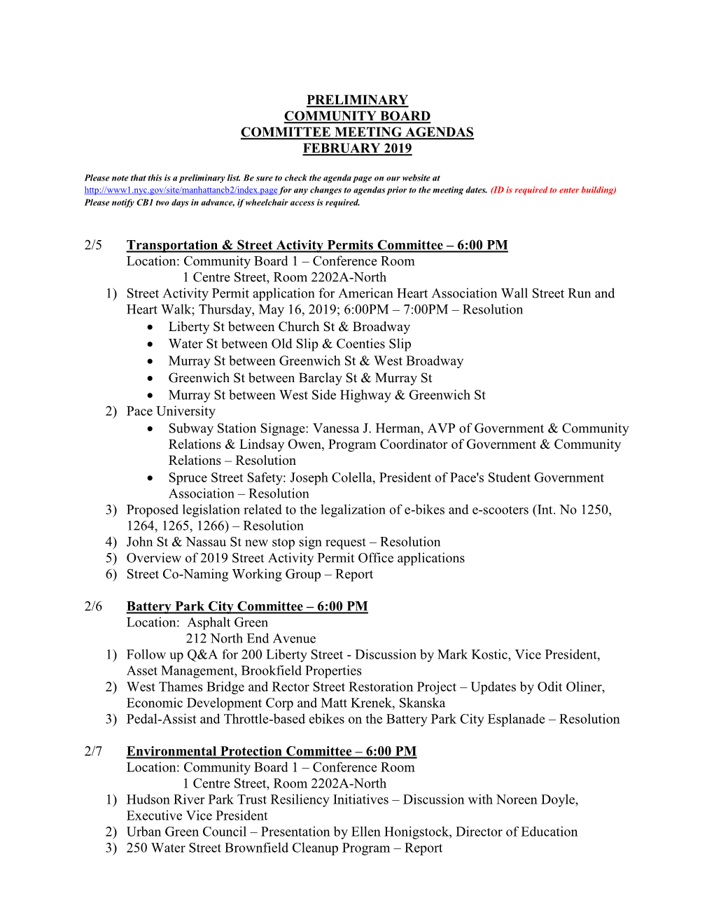 Preliminary Community Board Committee Meeting Agendas February 2019