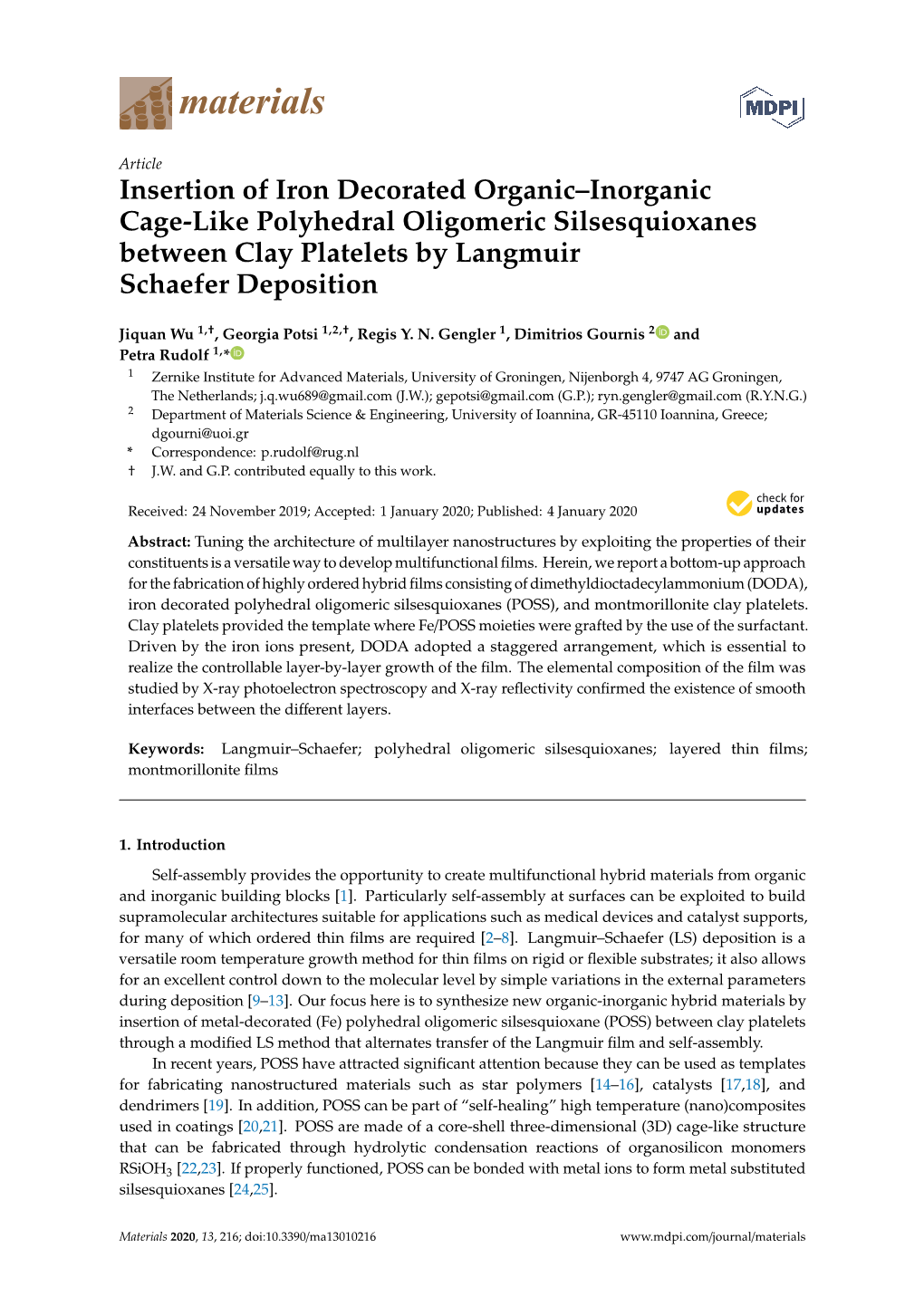 Insertion of Iron Decorated Organic–Inorganic Cage-Like Polyhedral Oligomeric Silsesquioxanes Between Clay Platelets by Langmuir Schaefer Deposition