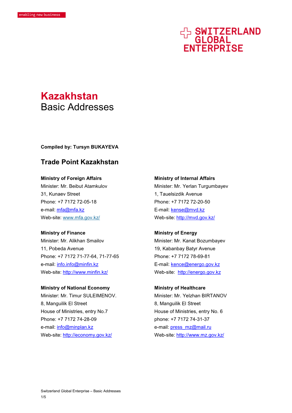 Kazakhstan Basic Addresses