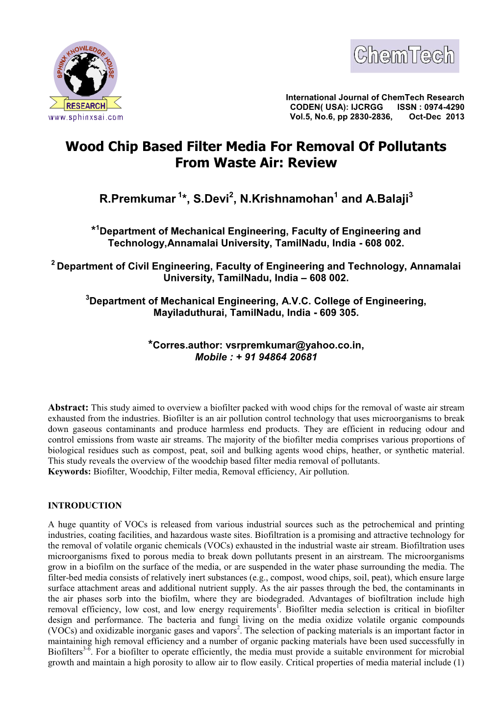 Wood Chip Based Filter Media for Removal of Pollutants from Waste Air: Review