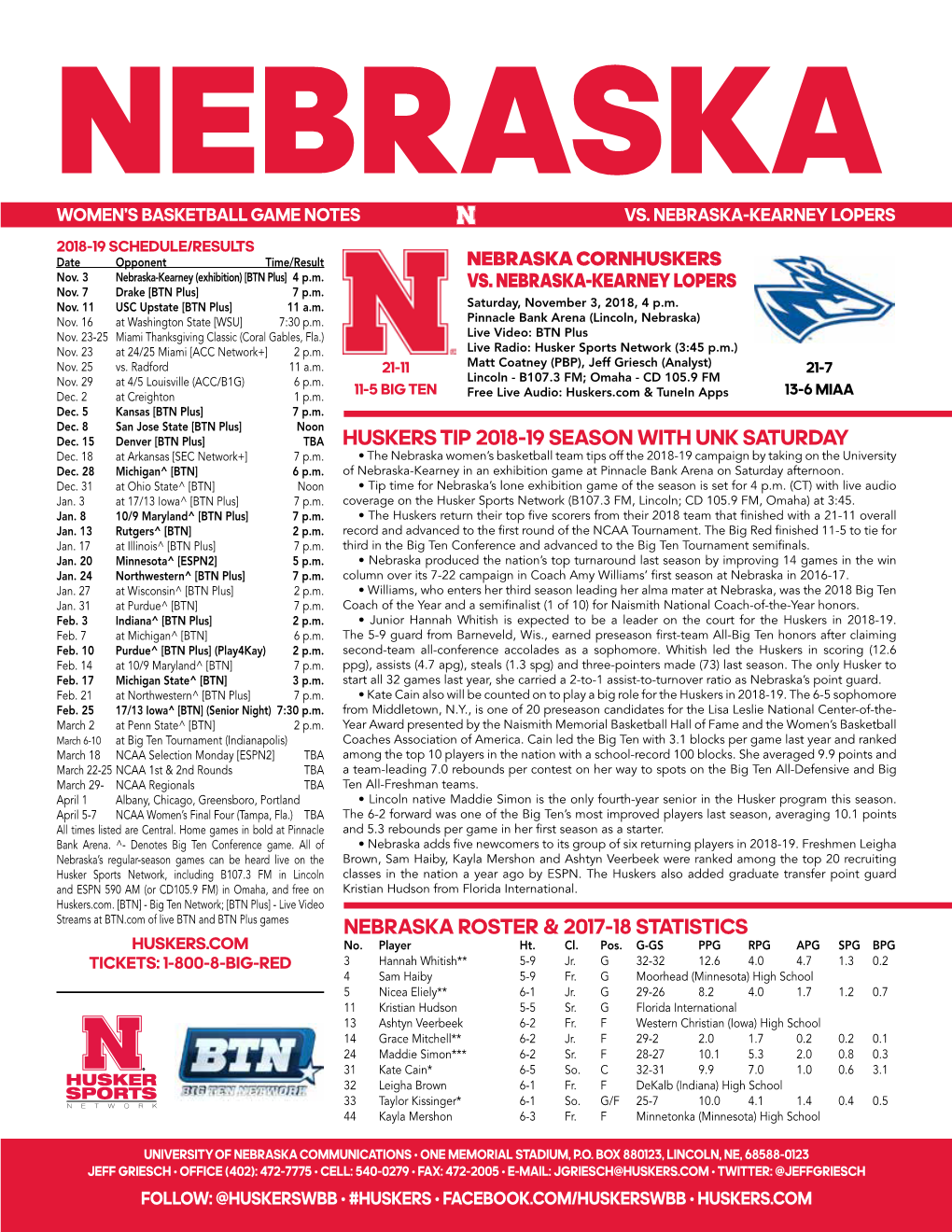 Nebraska Roster & 2017-18 Statistics Huskers Tip 2018