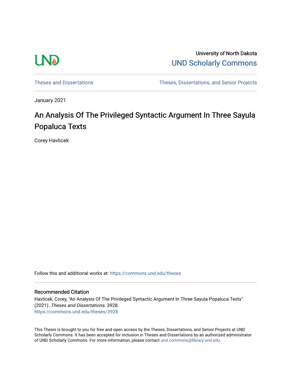 An Analysis of the Privileged Syntactic Argument in Three Sayula Popaluca Texts