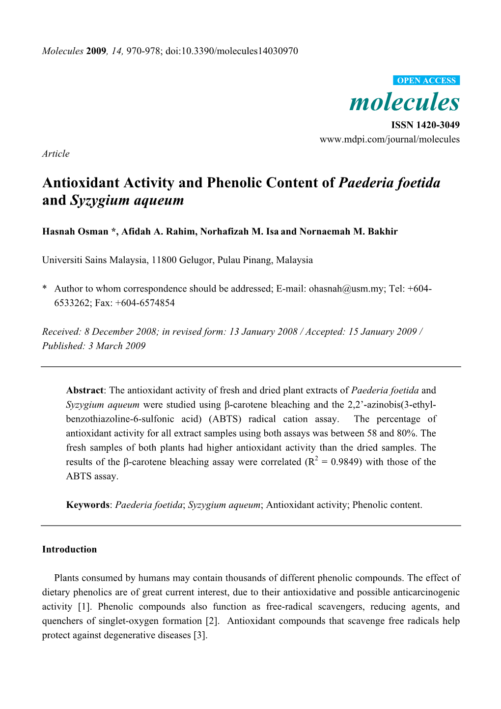 Antioxidant Activity and Phenolic Content of Paederia Foetida and Syzygium Aqueum