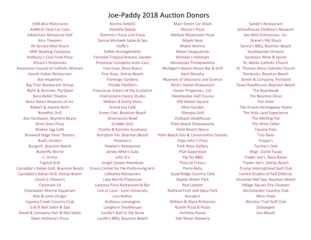 Joe-Paddy 2018 Auction Donors