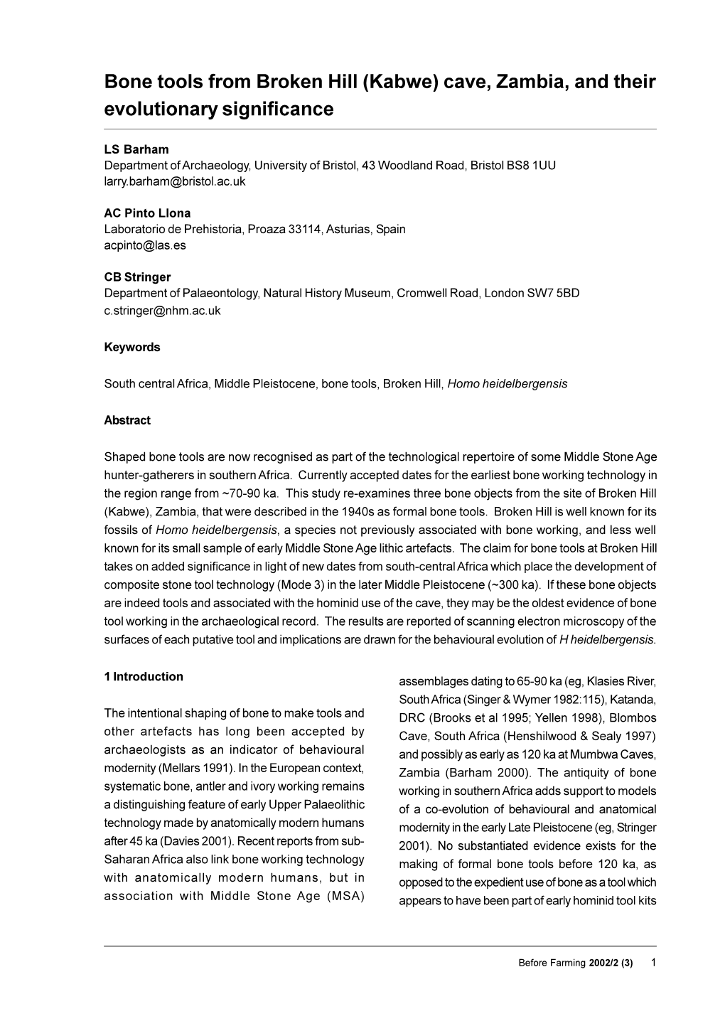 Bone Tools from Broken Hill (Kabwe) Cave, Zambia, and Their Evolutionary Significance