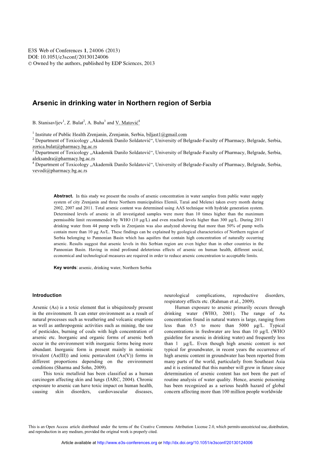 Arsenic in Drinking Water in Northern Region of Serbia