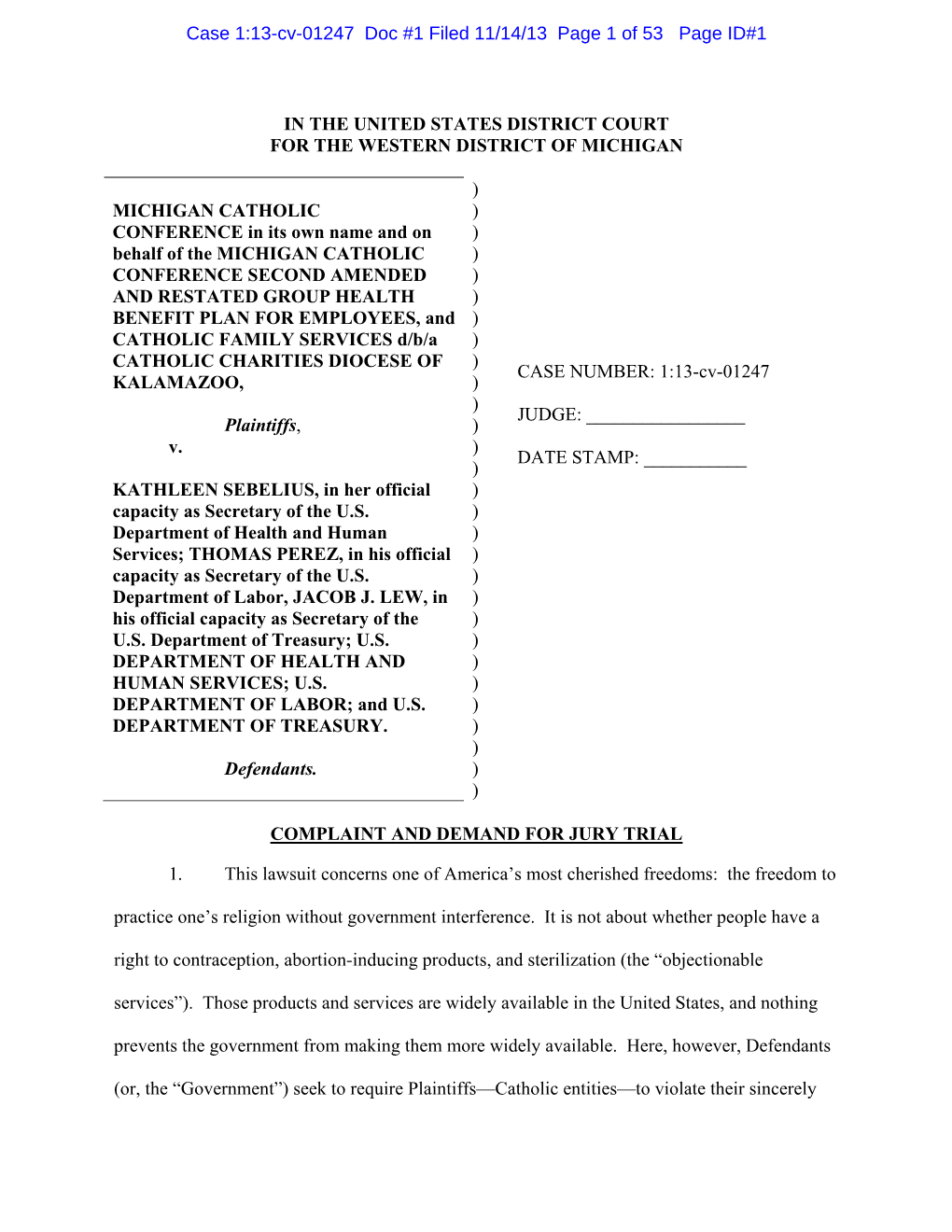 Case 1:13-Cv-01247 Doc #1 Filed 11/14/13 Page 1 of 53 Page ID#1