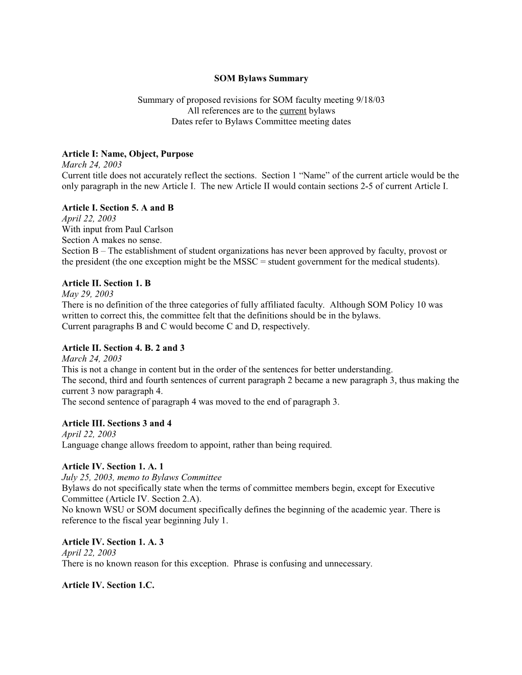 Summary of Proposed Revisions for SOM Faculty Meeting 9/18/03