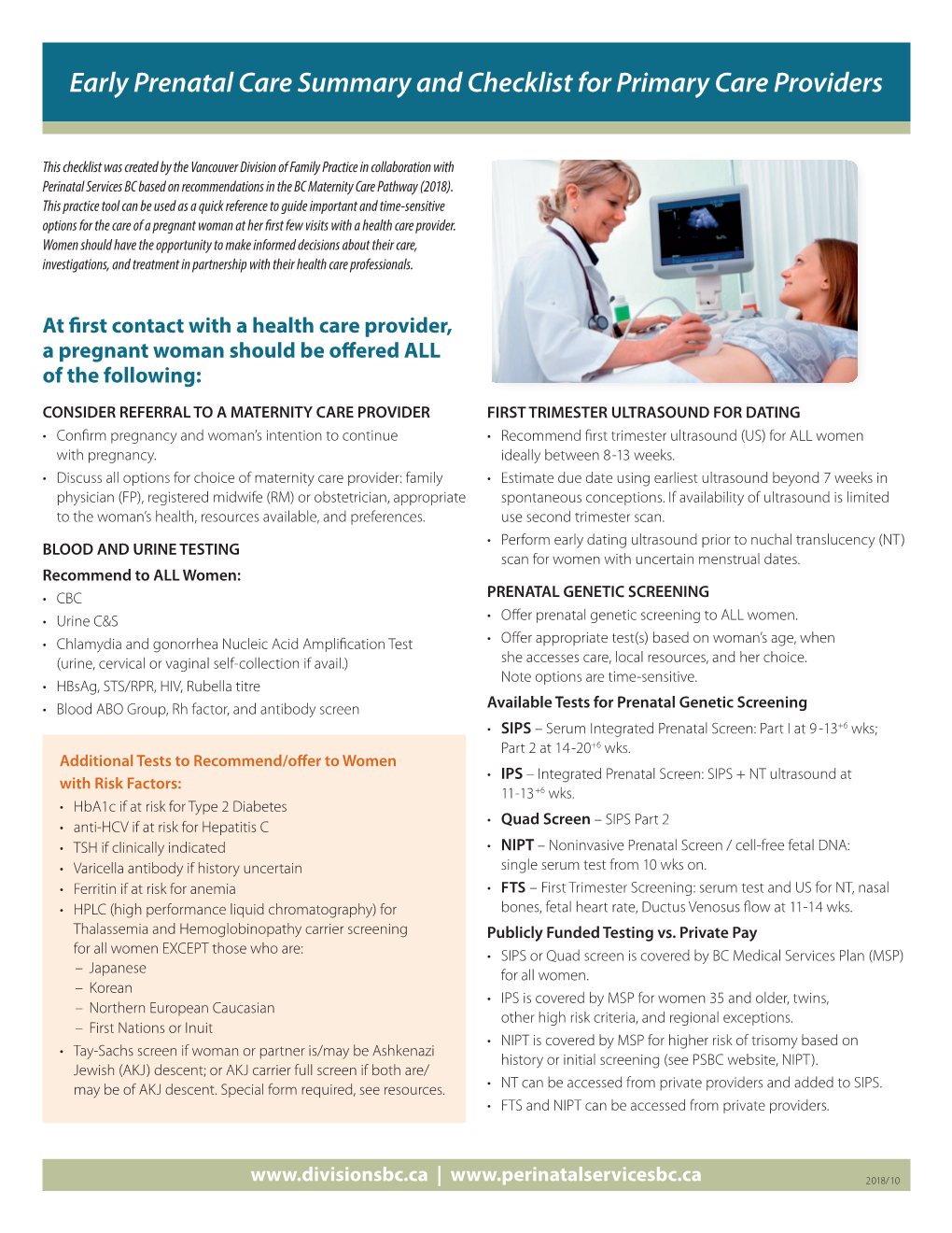 Early Prenatal Care Summary and Checklist for Primary Care Providers