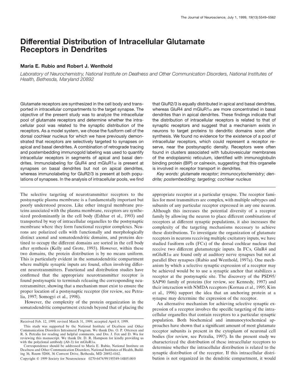 Differential Distribution of Intracellular Glutamate Receptors in Dendrites