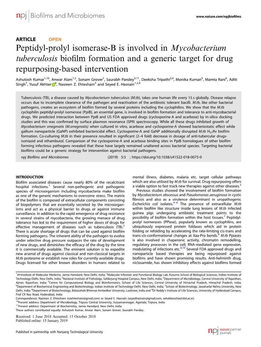 Peptidyl-Prolyl Isomerase-B Is Involved in Mycobacterium Tuberculosis Bioﬁlm Formation and a Generic Target for Drug Repurposing-Based Intervention