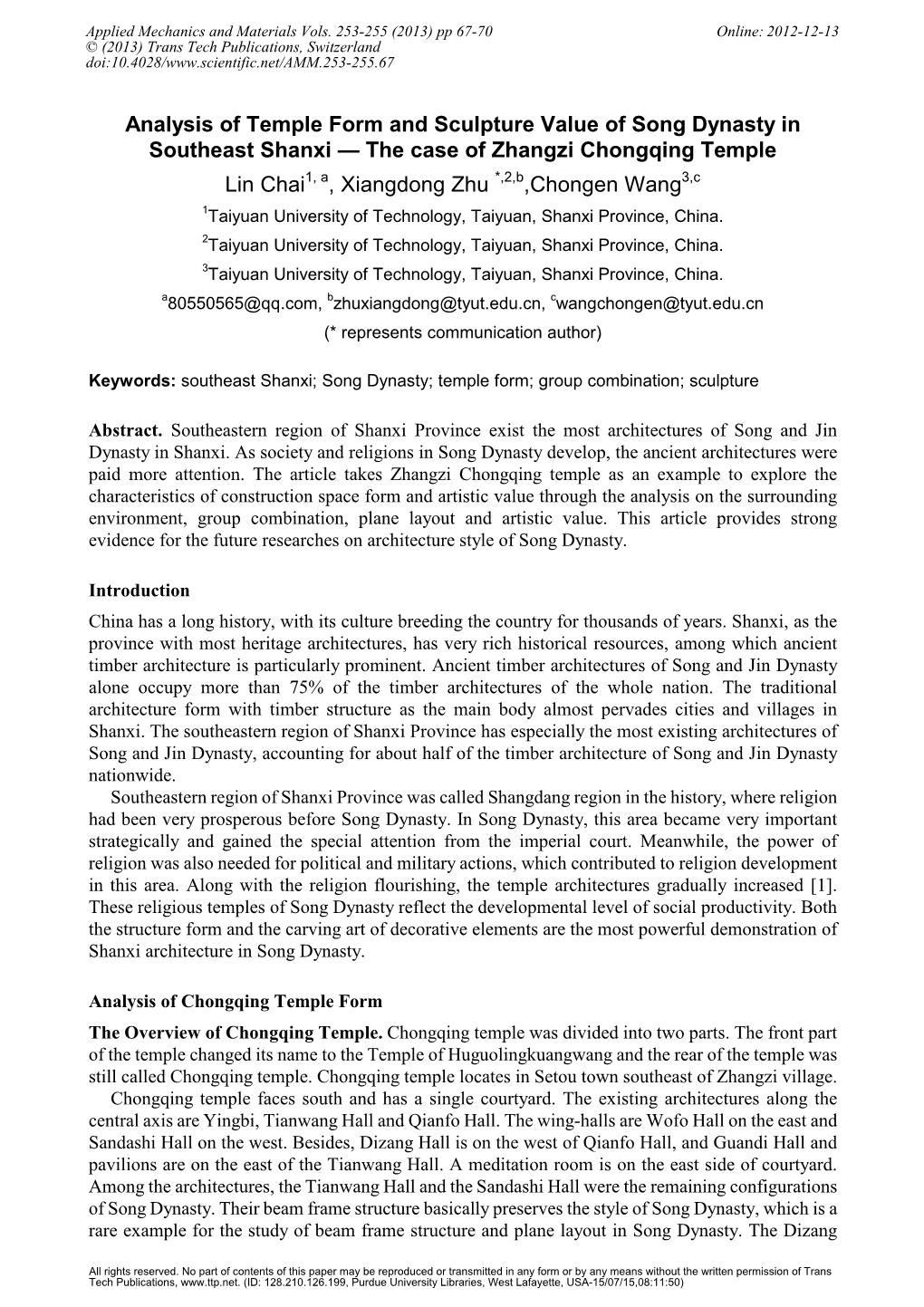 Analysis of Temple Form and Sculpture Value of Song Dynasty In