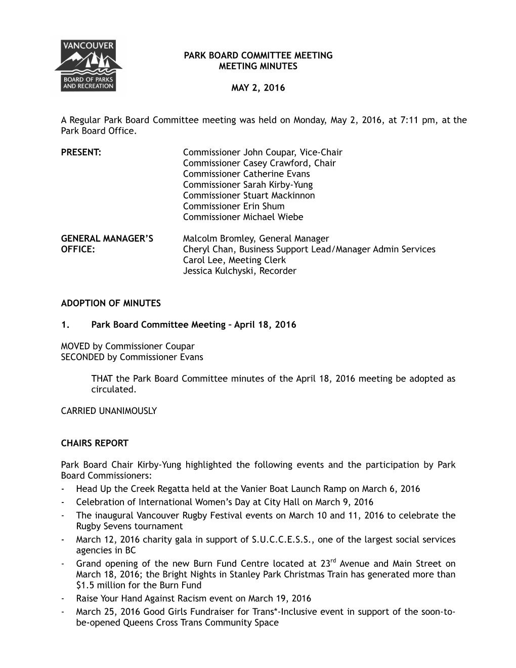 Park Board Committee Meeting Meeting Minutes