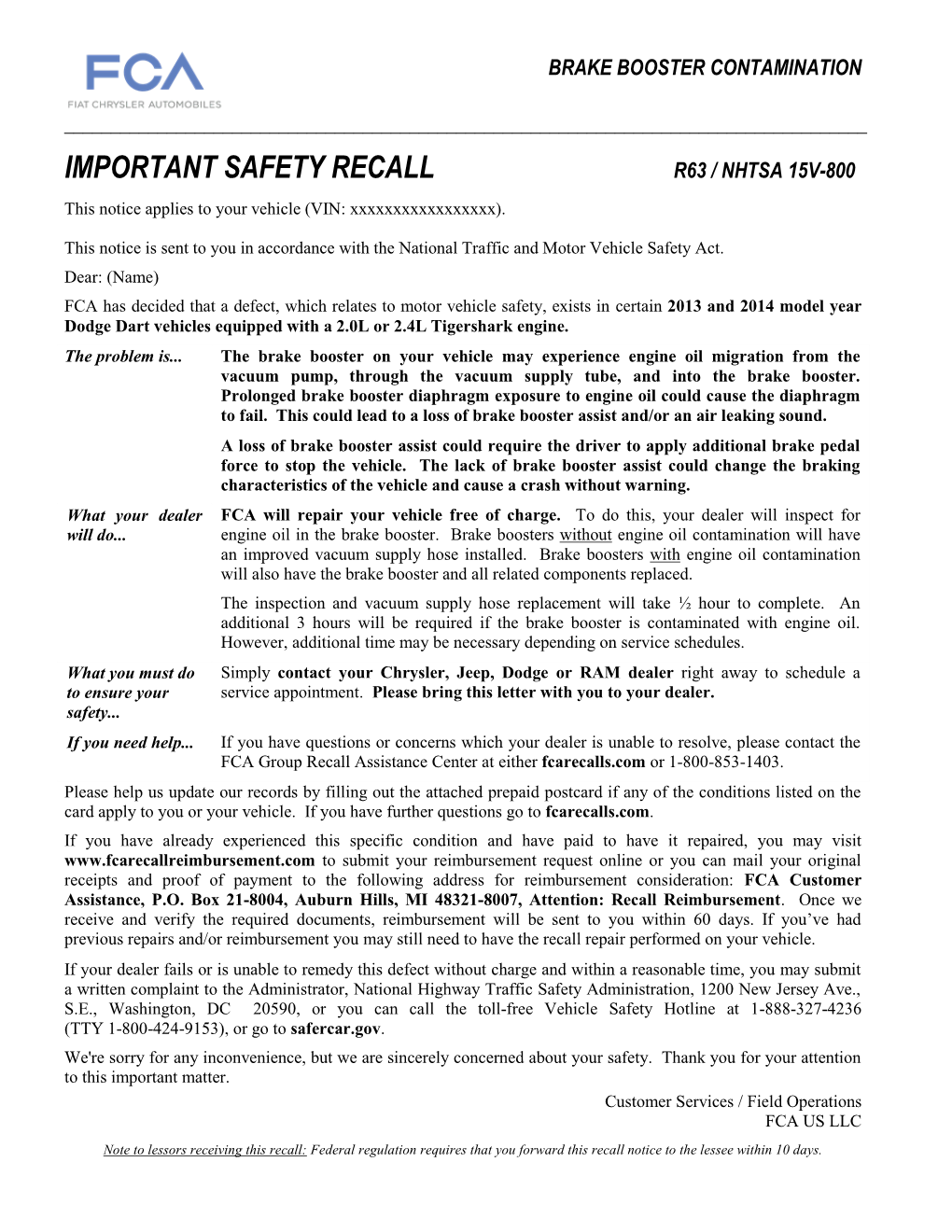 Important Safety Recall R63 / Nhtsa 15V-800