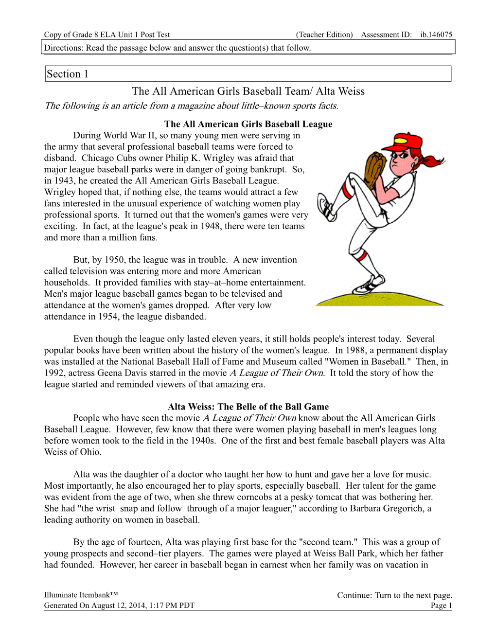 Section 1 the All American Girls Baseball Team/ Alta Weiss the Following Is an Article from a Magazine About Little–Known Sports Facts
