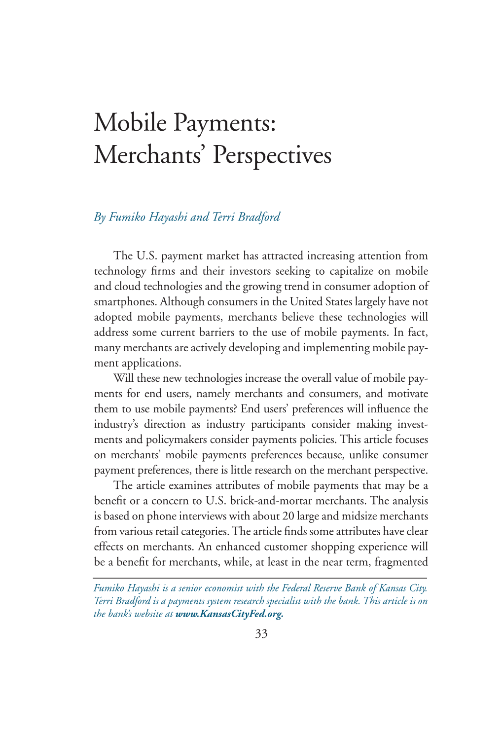 Mobile Payments: Merchants’ Perspectives