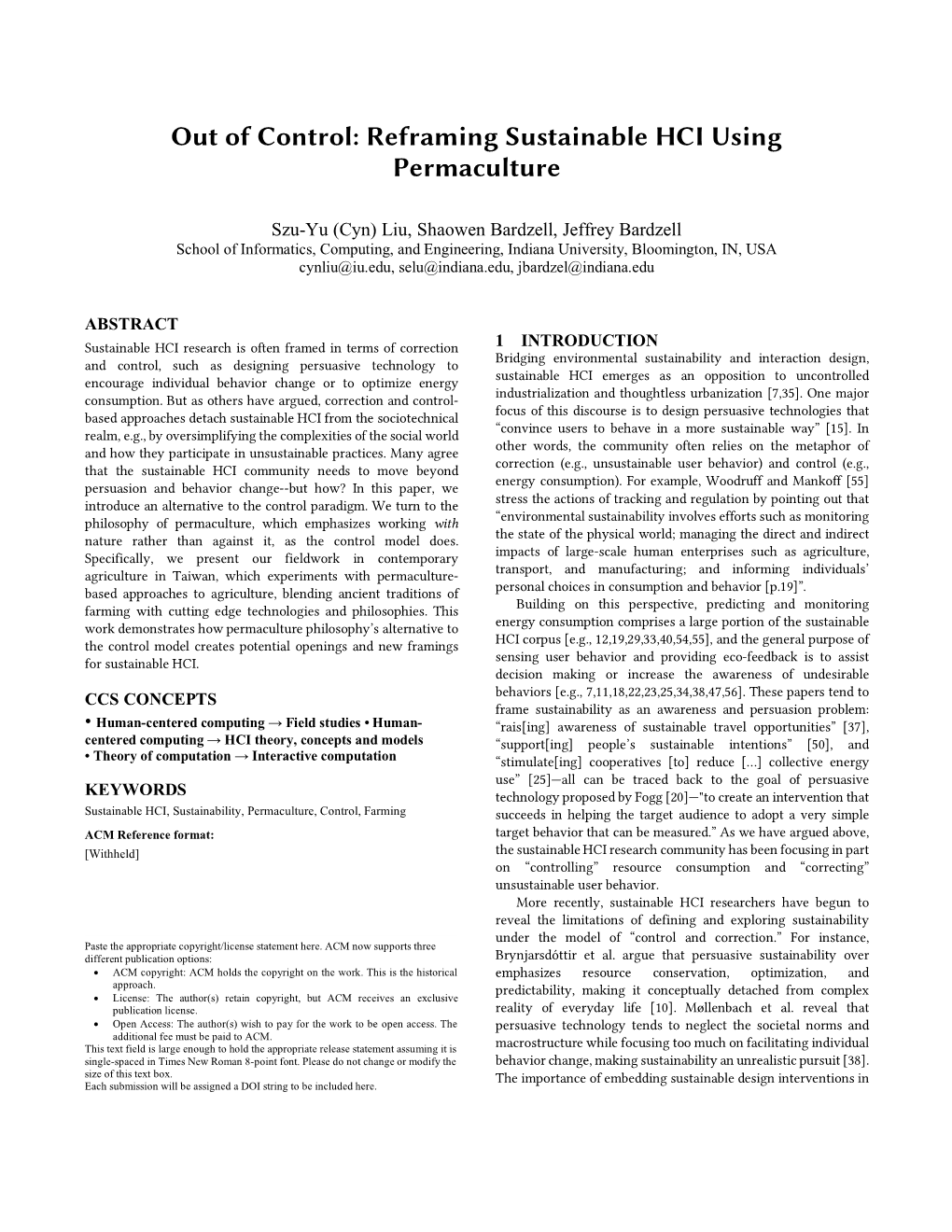 Out of Control: Reframing Sustainable HCI Using Permaculture