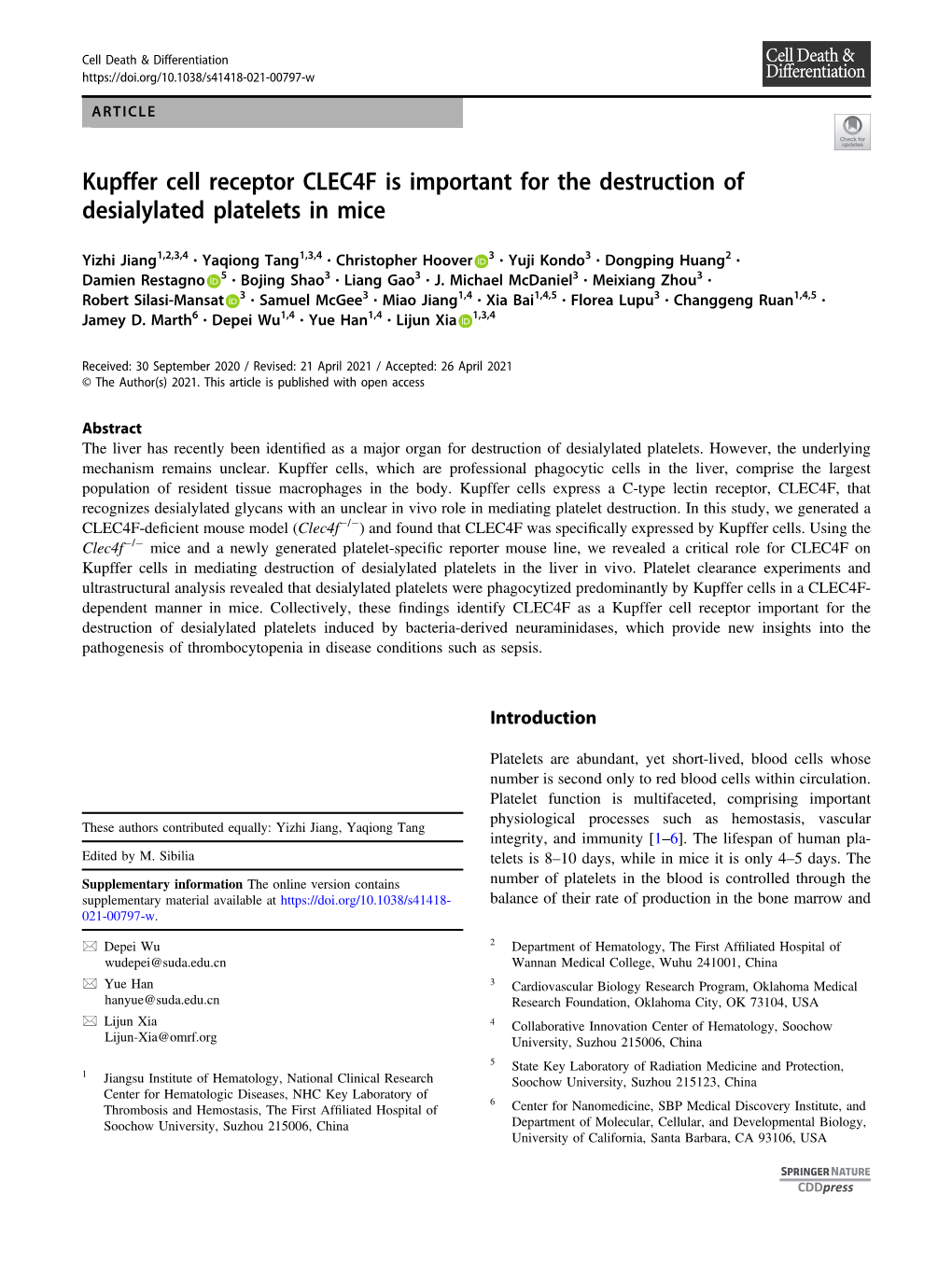 Kupffer Cell Receptor CLEC4F Is Important for the Destruction of Desialylated Platelets in Mice