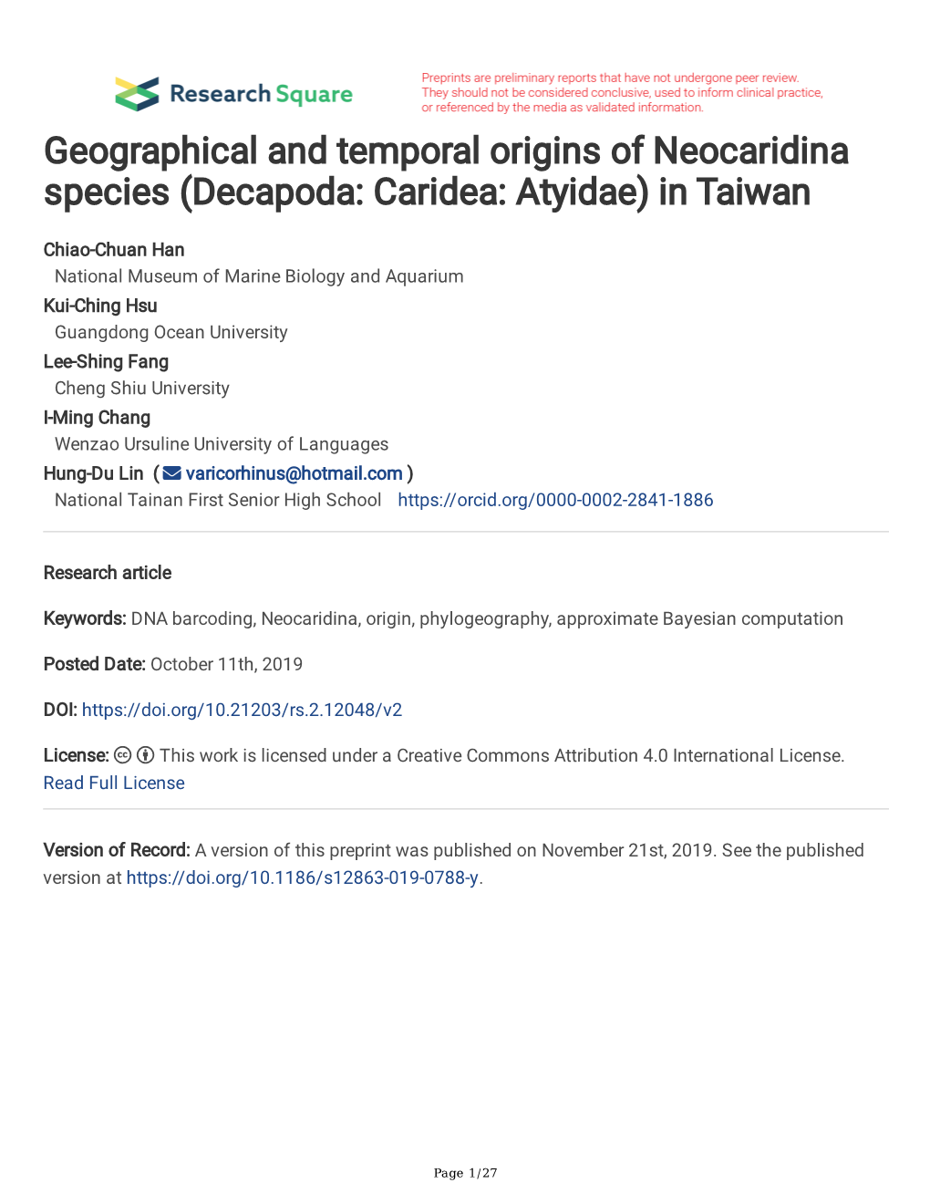 Geographical and Temporal Origins of Neocaridina Species (Decapoda: Caridea: Atyidae) in Taiwan