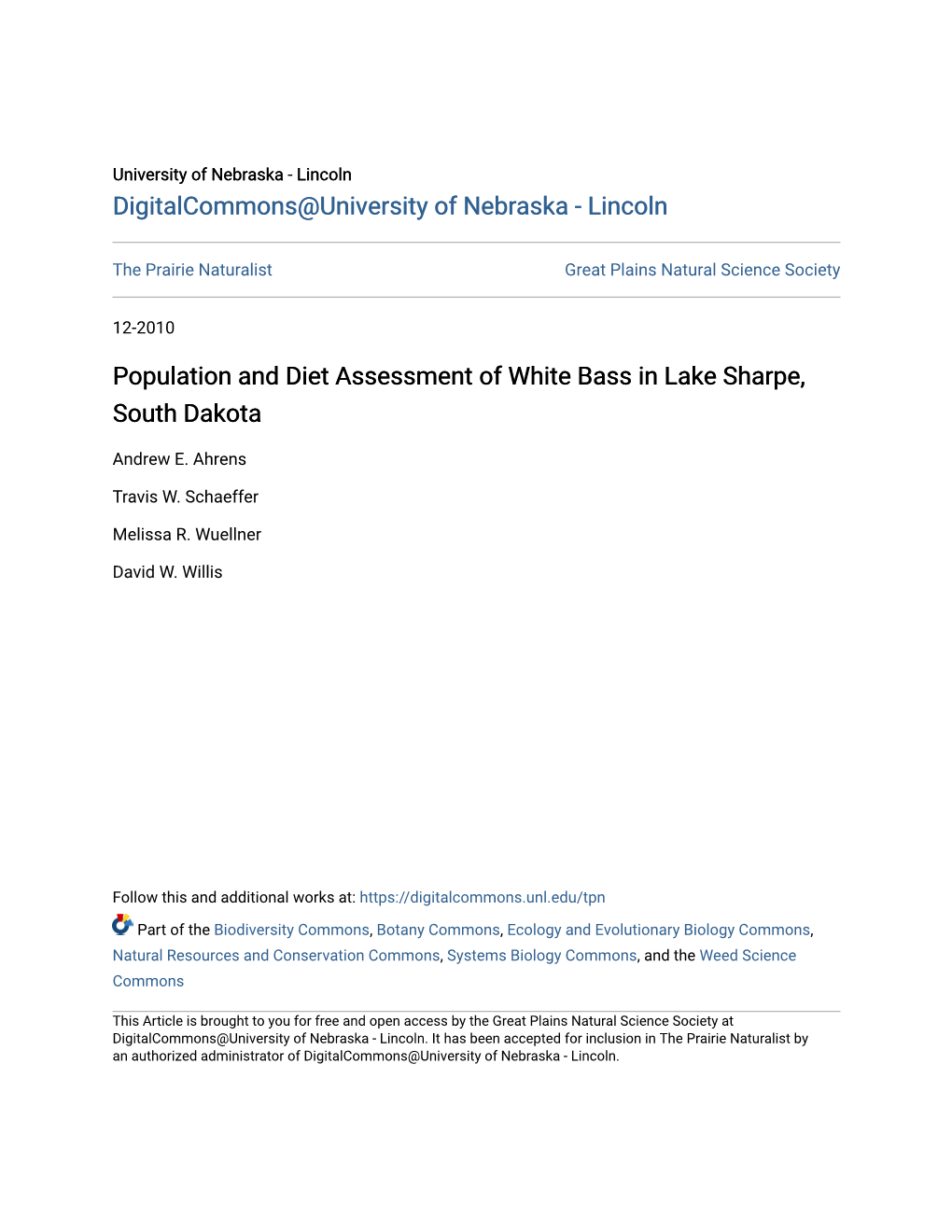 Population and Diet Assessment of White Bass in Lake Sharpe, South Dakota