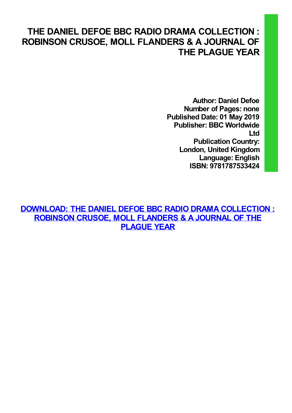 {PDF} the Daniel Defoe BBC Radio Drama Collection