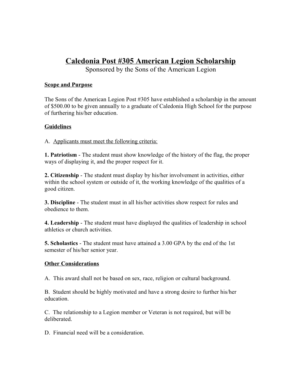 Caledonia Post #305 American Legion Scholarship