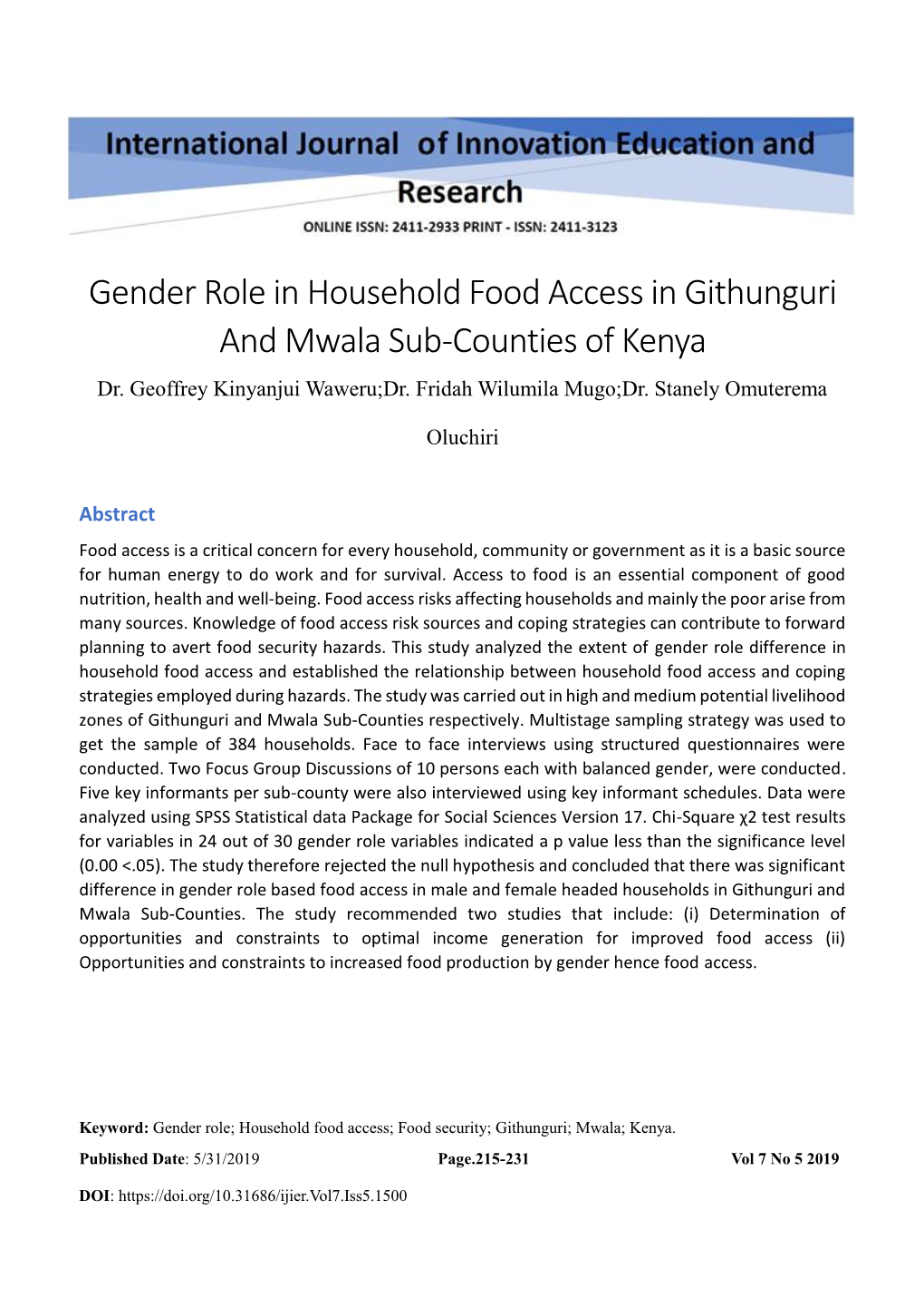 Gender Role in Household Food Access in Githunguri and Mwala Sub- Counties of Kenya