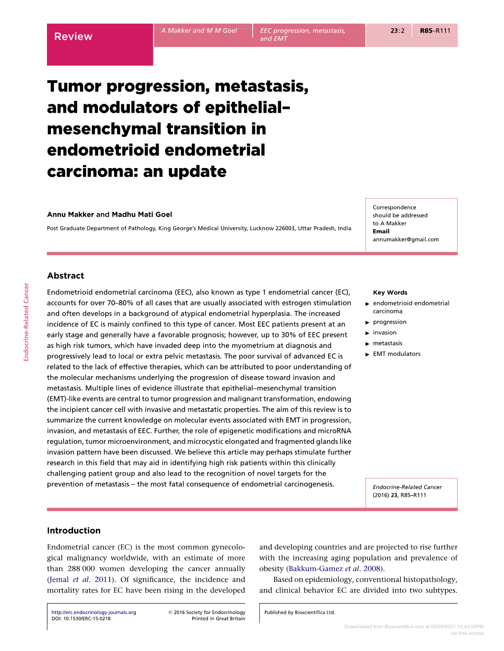 Tumor Progression, Metastasis, and Modulators of Epithelial– Mesenchymal Transition in Endometrioid Endometrial Carcinoma: an Update