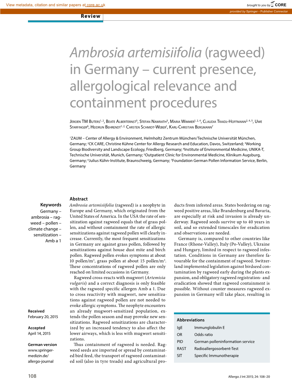 Ambrosia Artemisiifolia (Ragweed) in Germany – Current Presence, Allergological Relevance and Containment Procedures