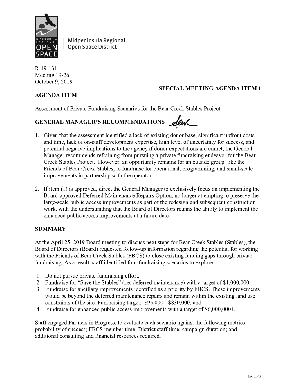 R-19-131 Meeting 19-26 October 9, 2019 SPECIAL MEETING AGENDA ITEM 1 AGENDA ITEM