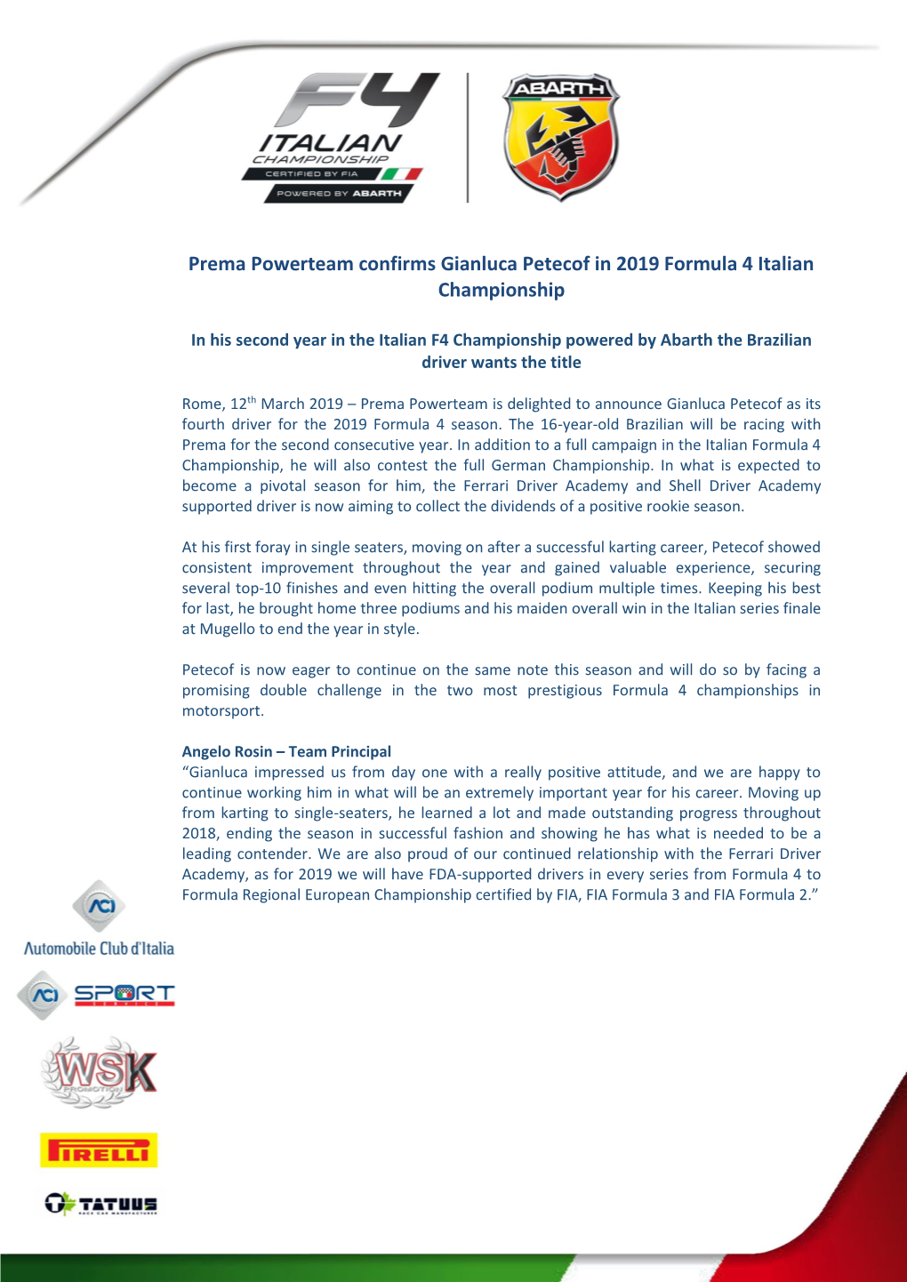 Press Release Italian F4 Championship Powered