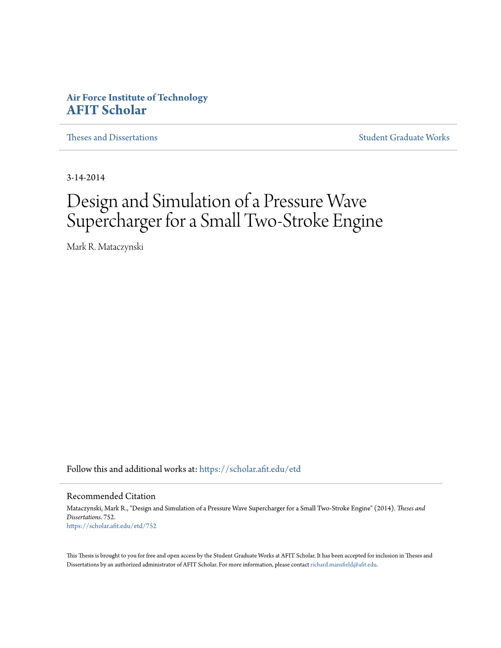 Design and Simulation of a Pressure Wave Supercharger for a Small Two-Stroke Engine Mark R