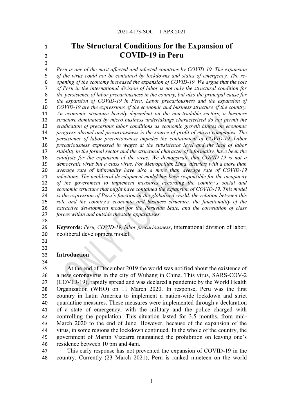 The Structural Conditions for the Expansion of COVID-19 in Peru