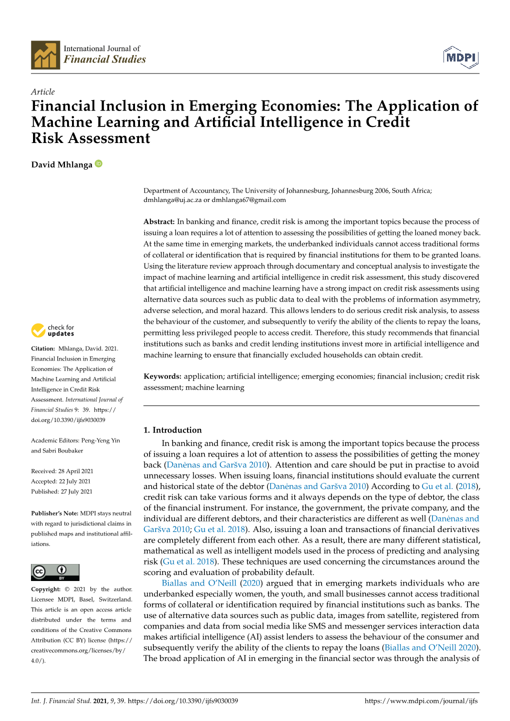 Financial Inclusion in Emerging Economies: the Application of Machine Learning and Artiﬁcial Intelligence in Credit Risk Assessment