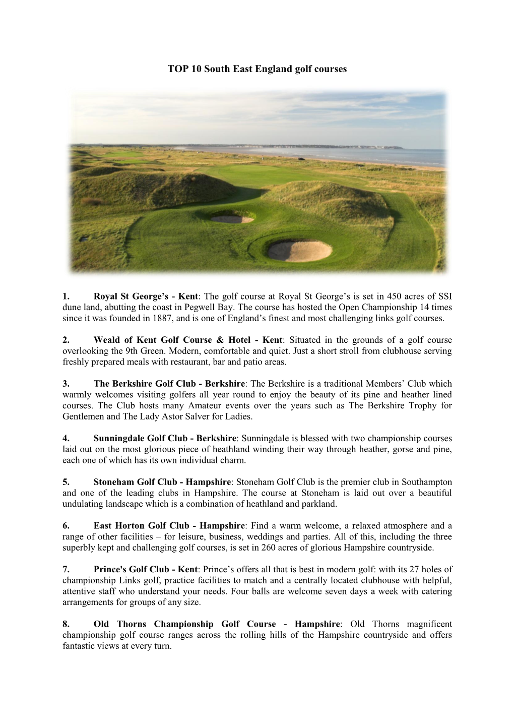 TOP 10 South East England Golf Courses