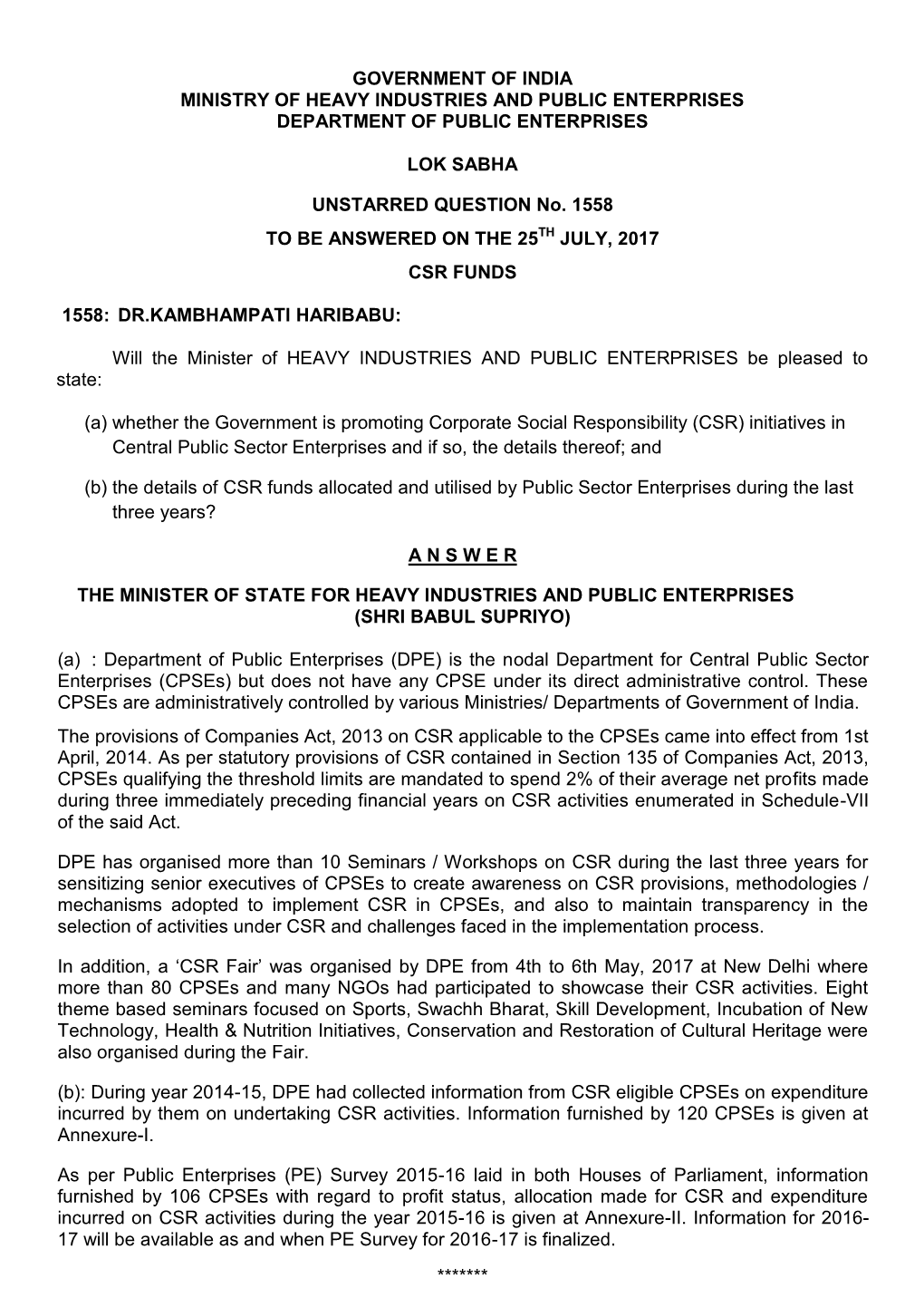 Government of India Ministry of Heavy Industries and Public Enterprises Department of Public Enterprises